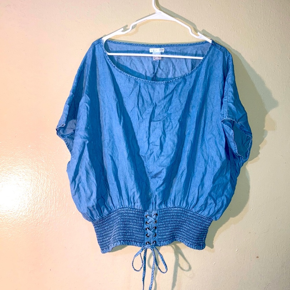 VENUS Elastic Waist Tie Front Batwing Babydoll Denim Blouse Women Size 1X